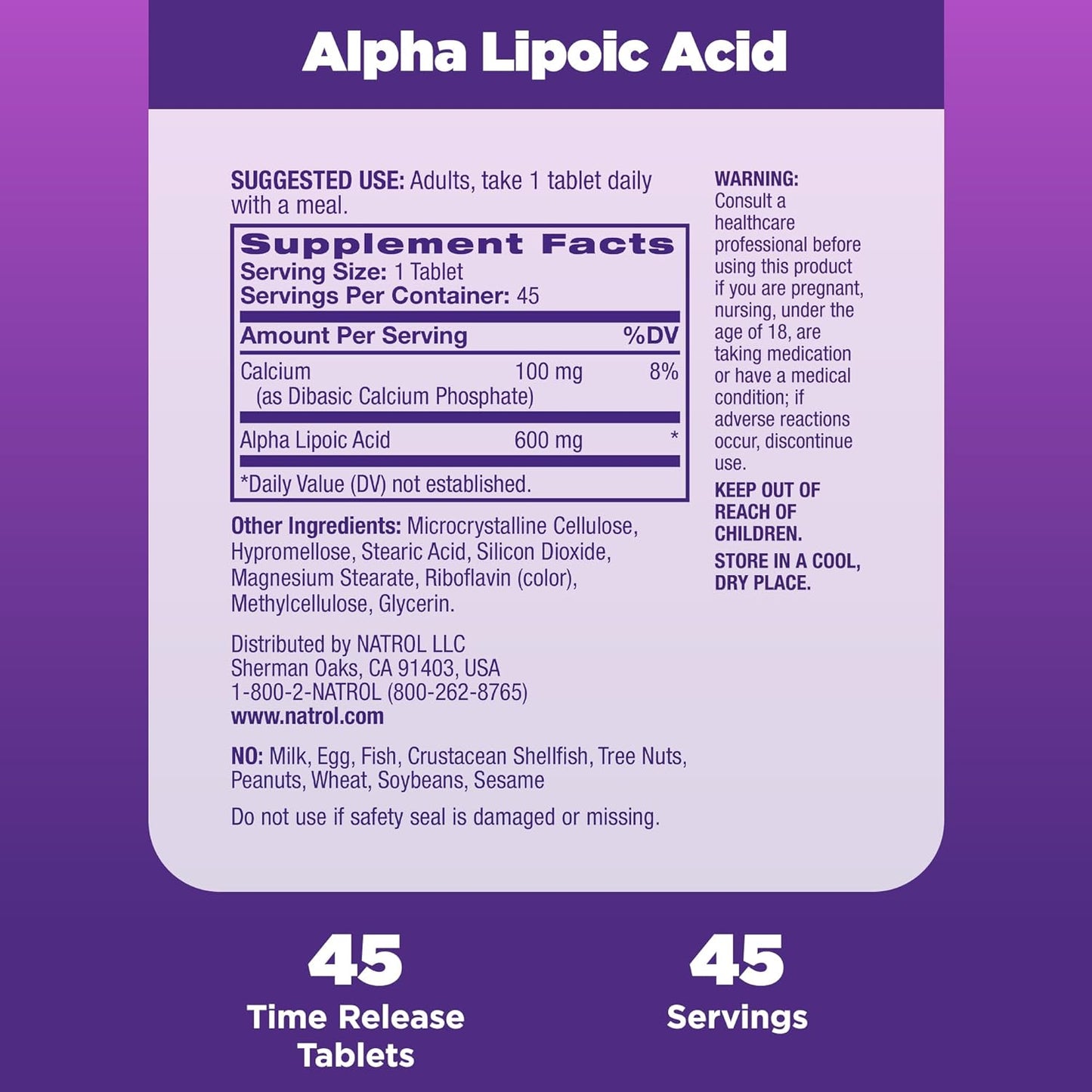 Natrol Alpha Lipoic Acid Tr 600mg Tablets, 45-Count