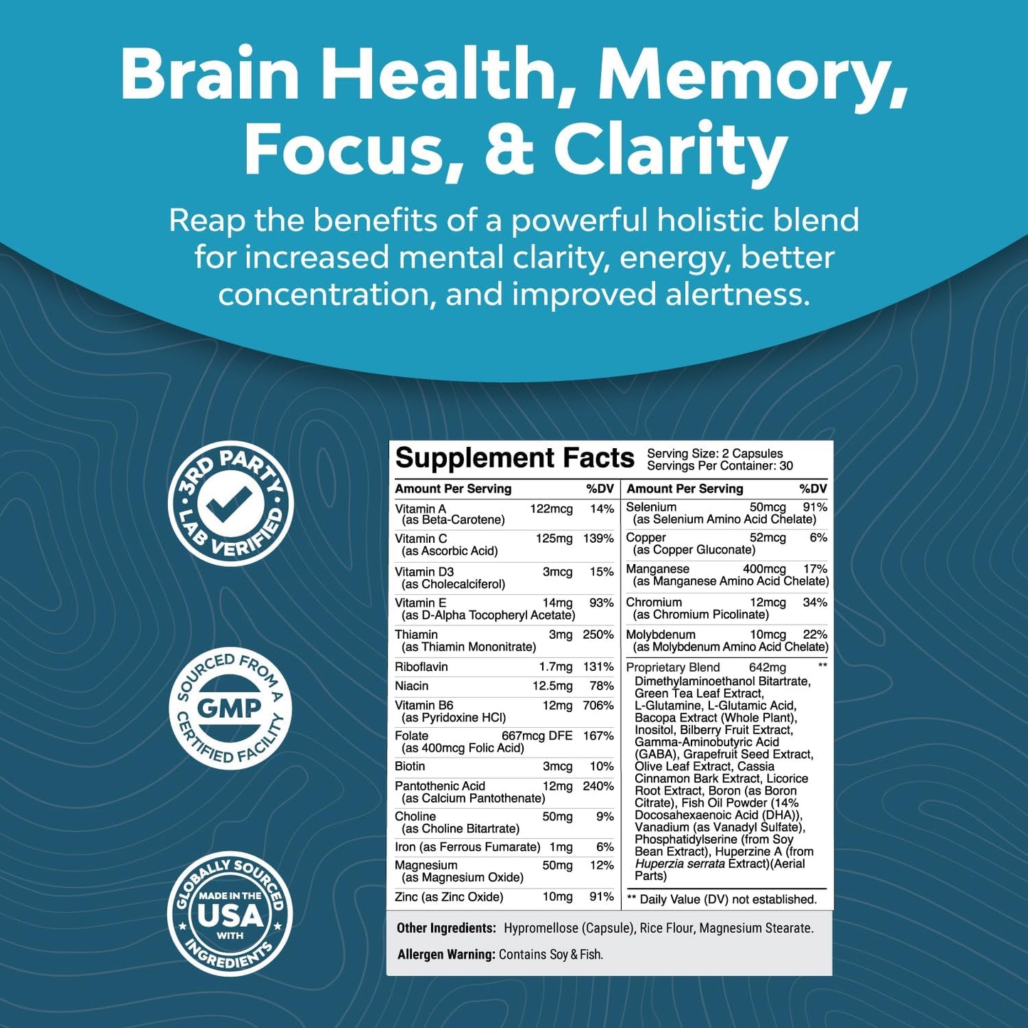 Nootropics Brain Support Supplement - Mental Focus  60 Capsules