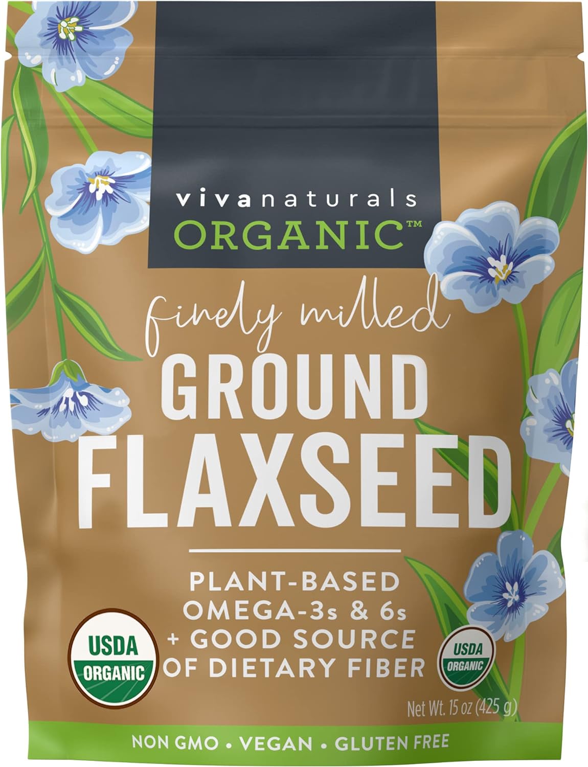 Organic Ground Flaxseed - Premium Quality Plant-Based Protein and Vegan Omega 3 with Fiber 15OZ