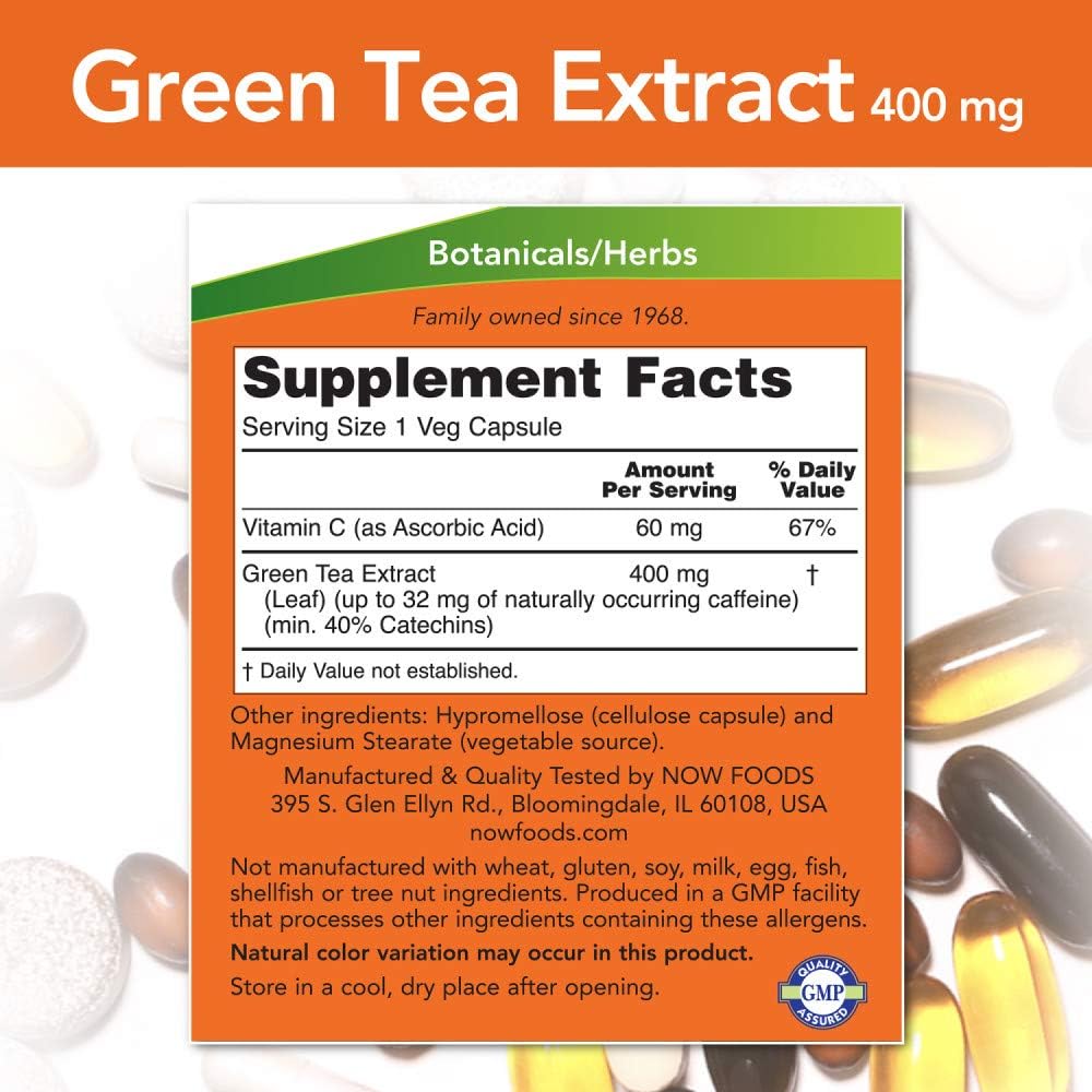 NOW Foods Supplements, Green Tea Extract 400 mg with Vitamin C for Dietary, Cellular Protection, 250 Veg Capsules