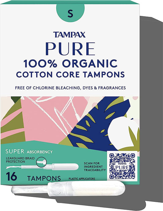 TAMPAX Pure Tampons Super Absorbency, Unscented, 16 Count, (Pack of 3, 48 Total Count)