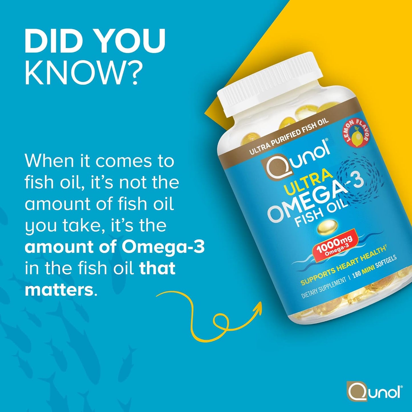 Qunol Fish Oil Omega 3 Mini Softgels, Qunol 1000mg Omega 3 EPA + DHA, 180 count