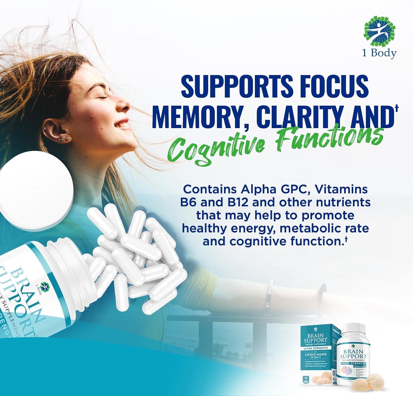 1 Body Brain Supplements for Memory and Focus 90 capsules