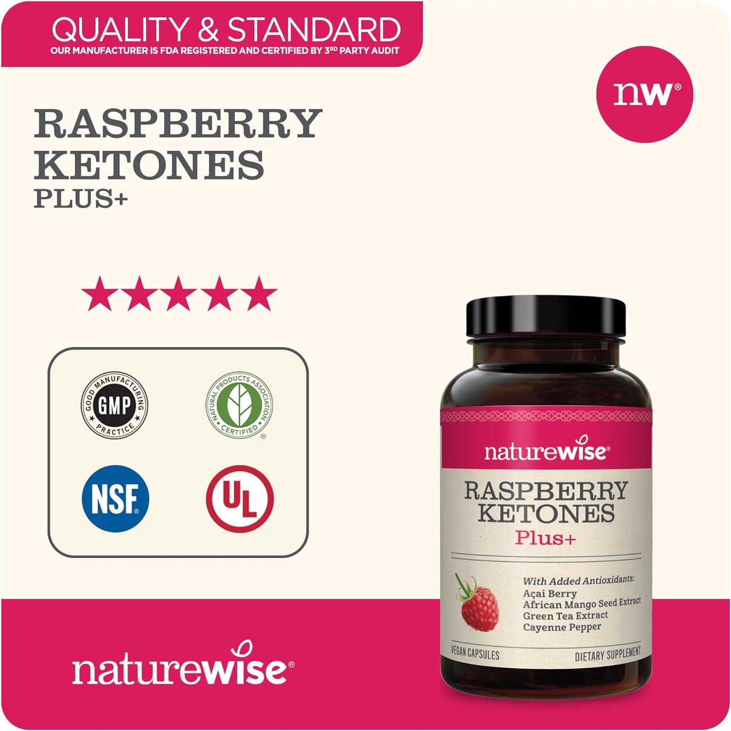 NatureWise Raspberry Ketones Plus 120 Veggie Capsules