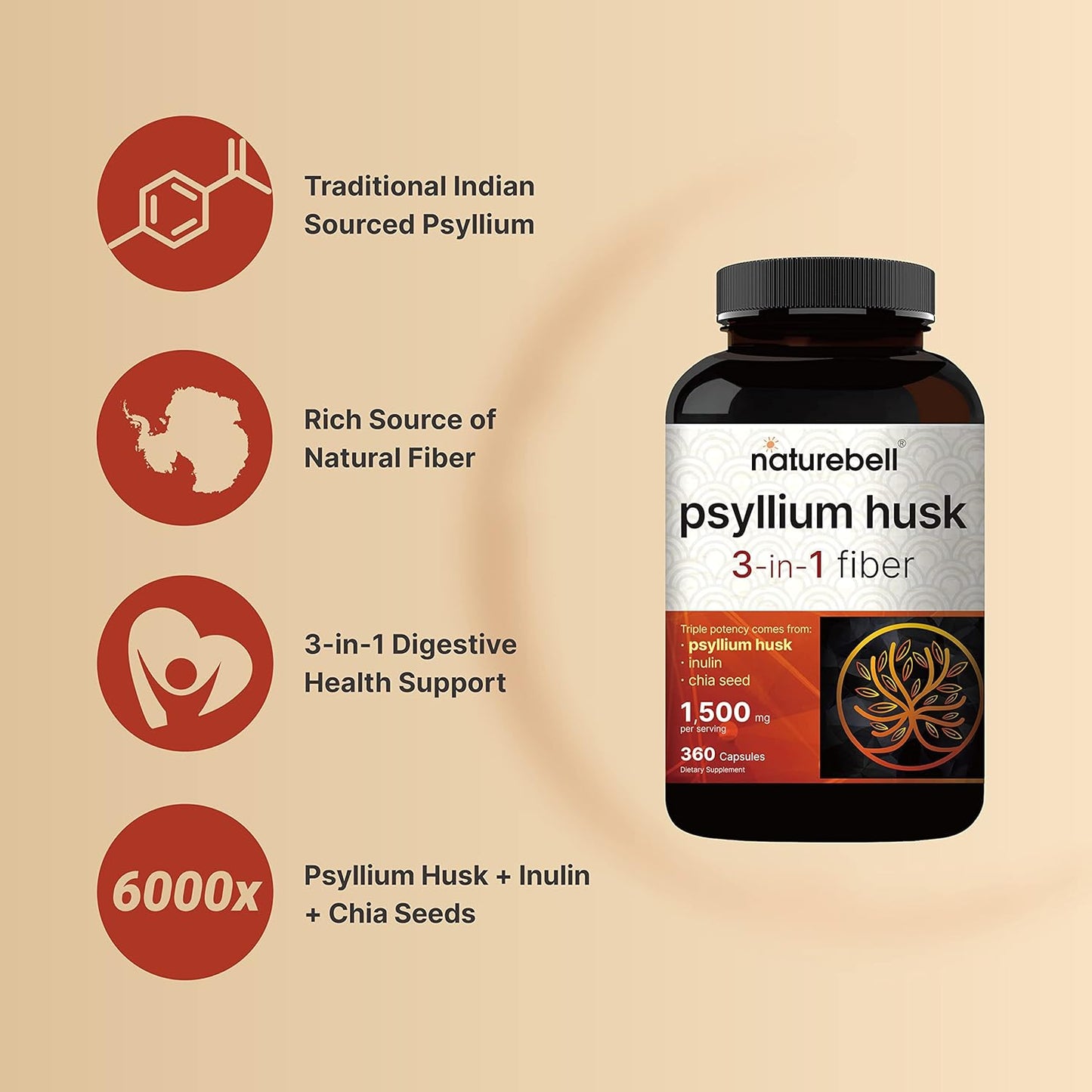 NatureBell Psyllium Husk Capsules 360 Count