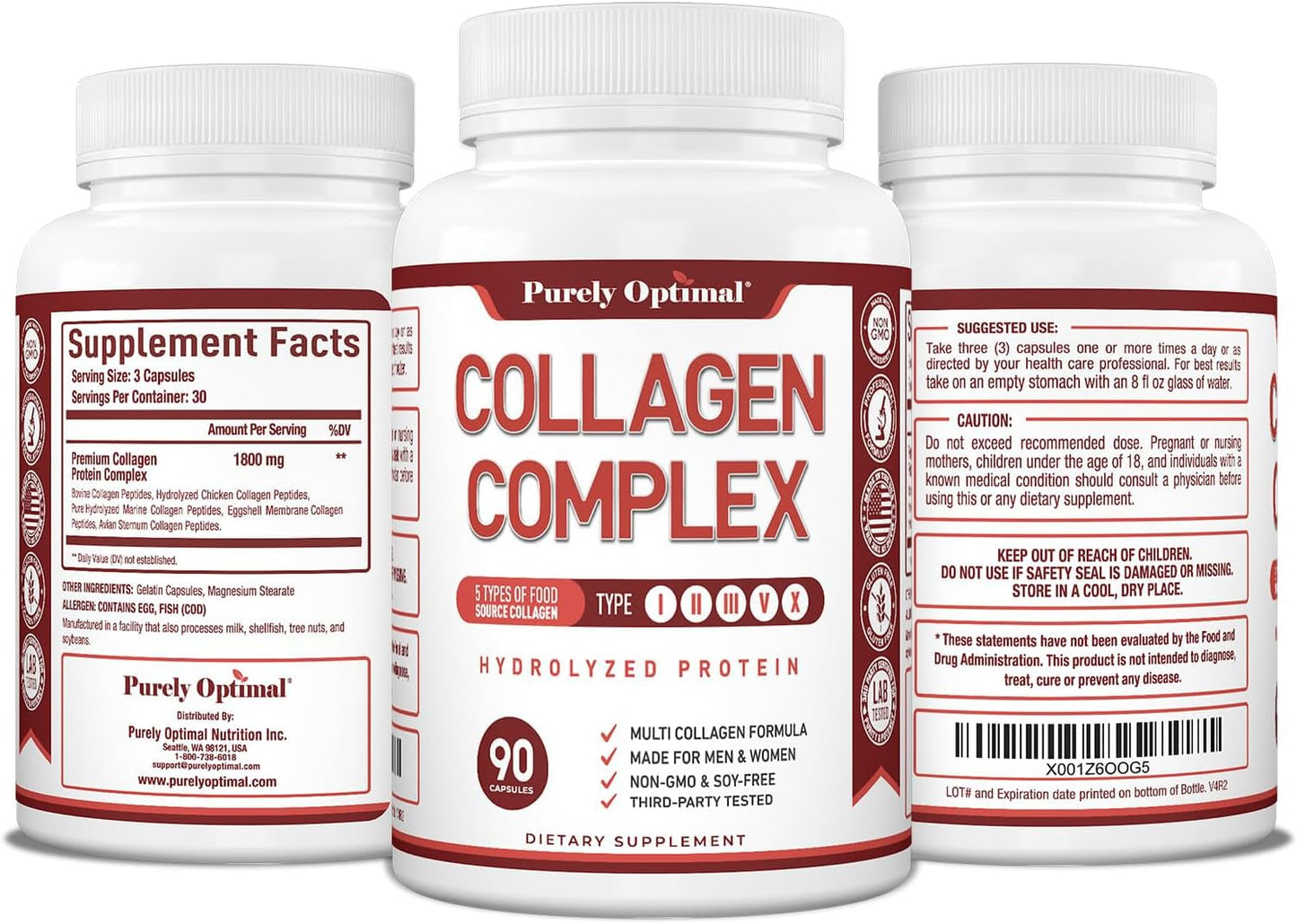 Purely Optimal Premium Multi Collagen Peptides (Types I, II, III, V, X) - 90 Capsules