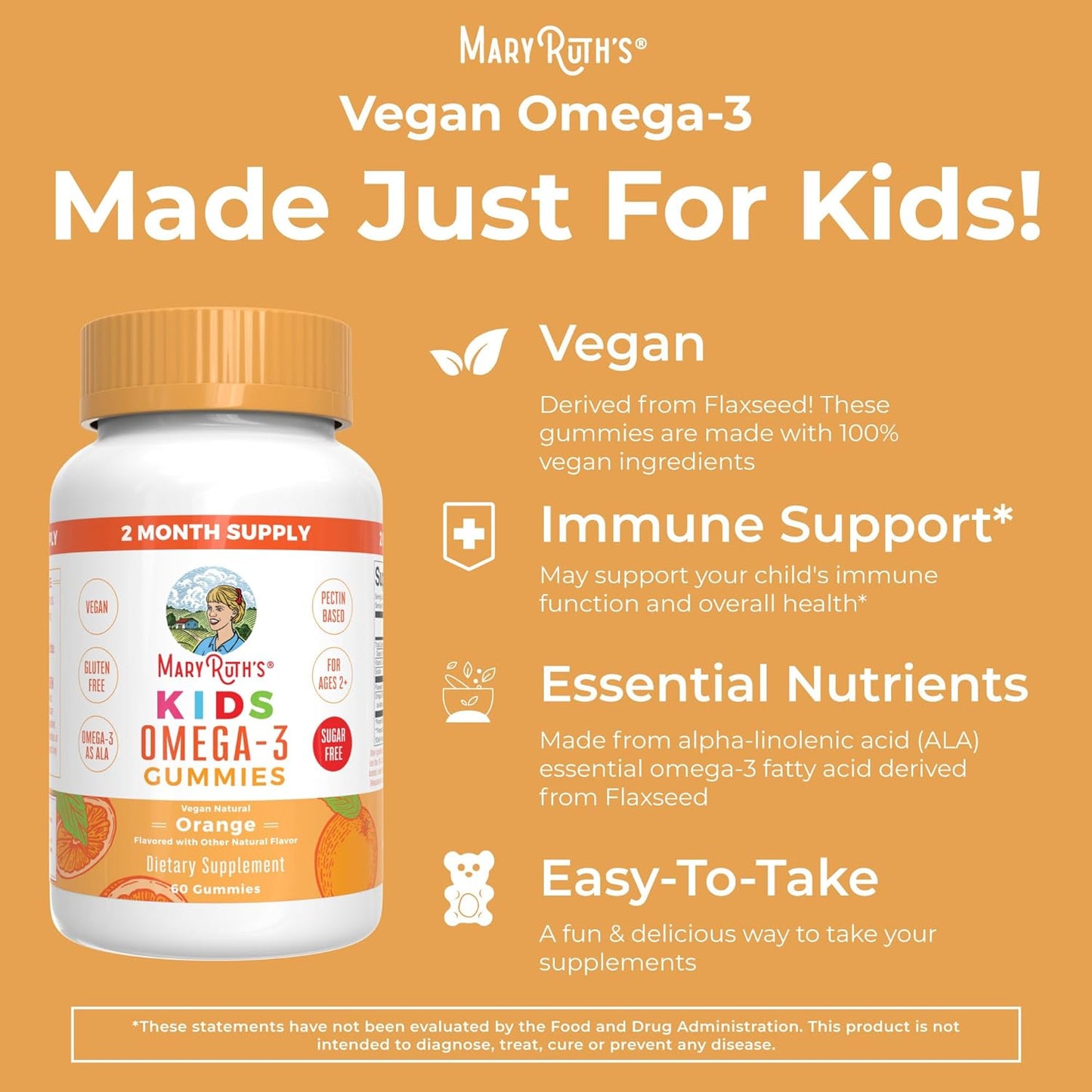 MaryRuth Organics Nutritional Vegan Omega 3 Gummy for Kids 2+ 60 Count