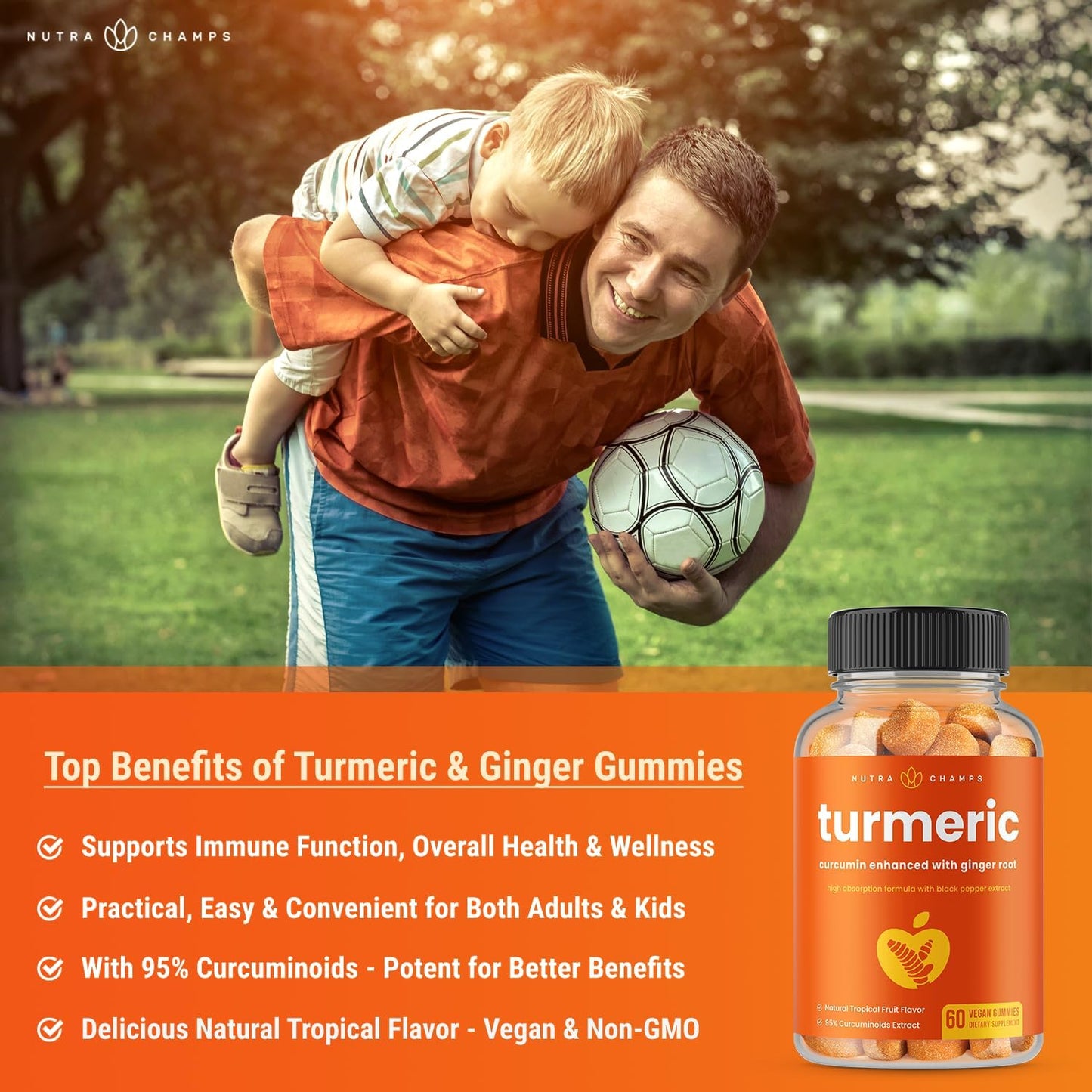 Turmeric Gummies for Adults & Kids with Ginger & Black Pepper Extract 60 gummies