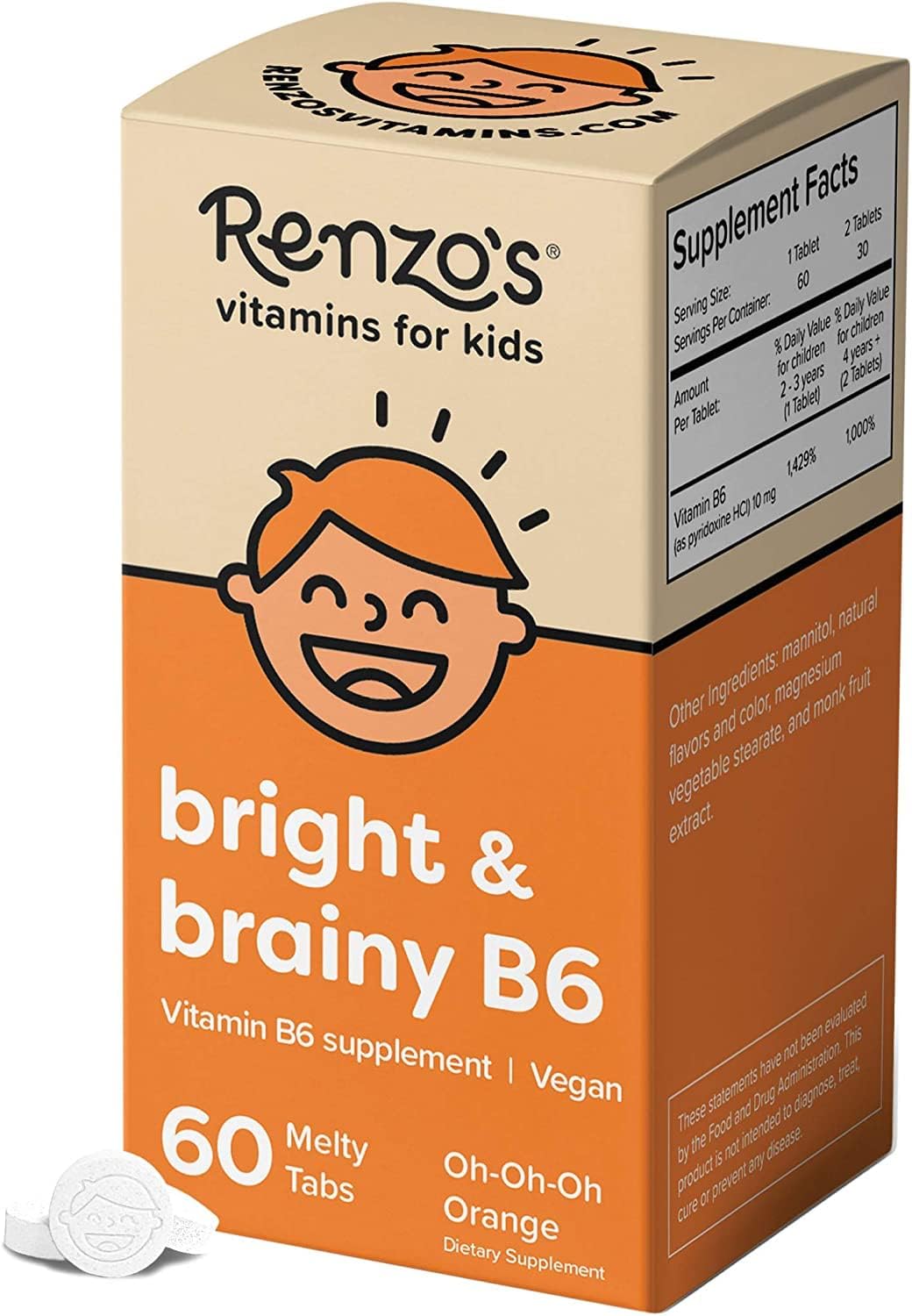 Renzo's Bright & Brainy Vitamin B6 - Dissolving Kids 60 Sugar-Free Melty Tabs