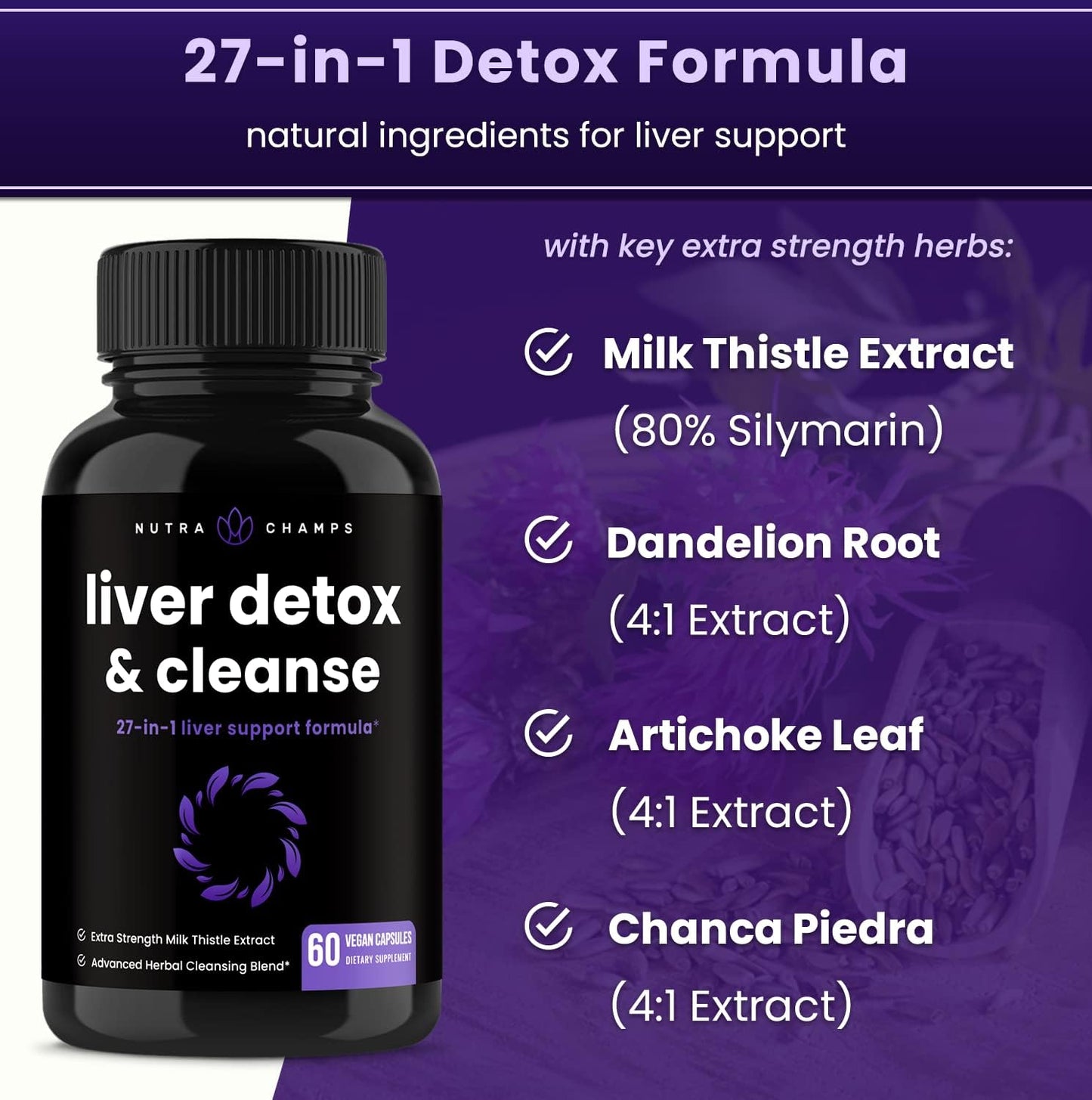 Liver Cleanse Detox & Repair Formula | 20+ Herbs: Milk Thistle Extract  60 count