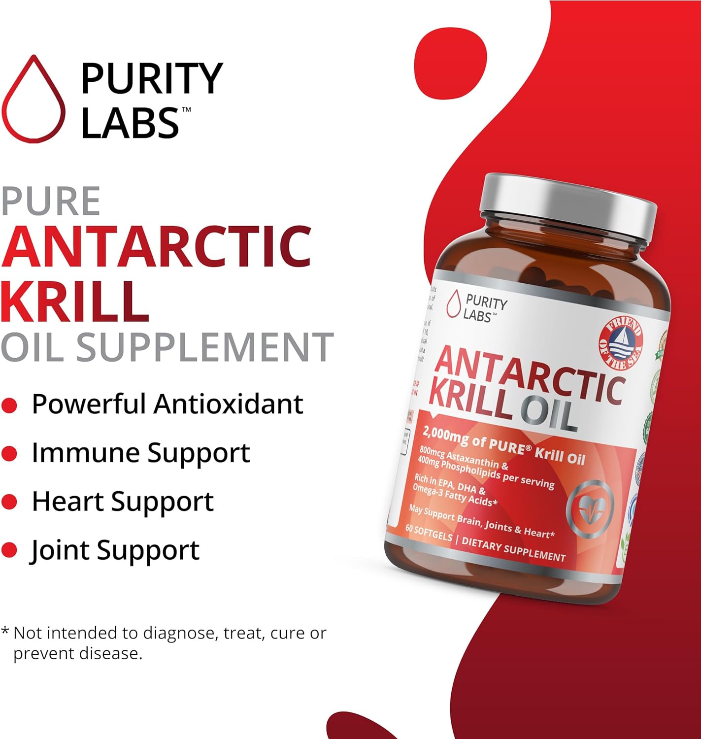 Purity Labs Antarctic Krill Oil 2000mg Omega-3 with Astaxanthin 800mcg- 60 Softgels