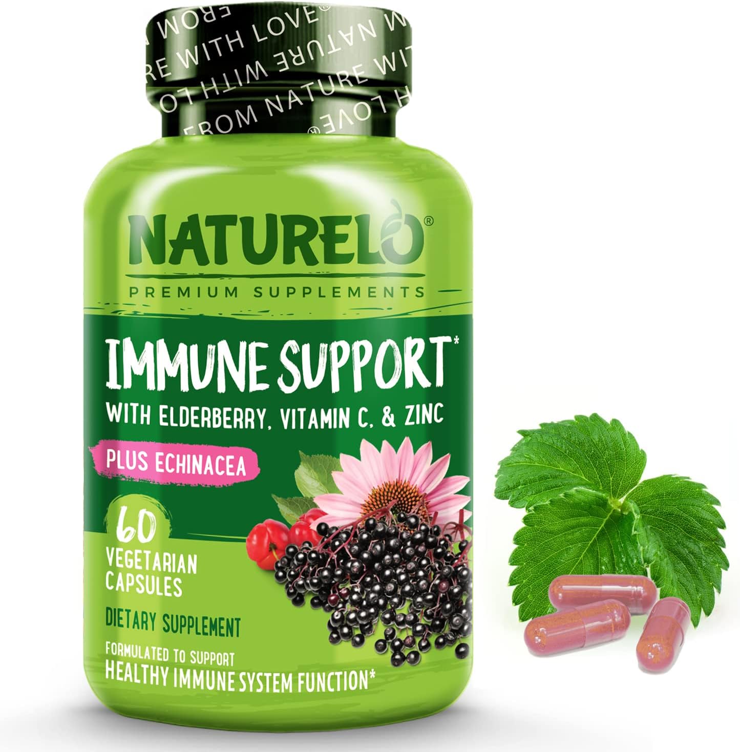 NATURELO Immune Support – Vitamin C, Elderberry, Zinc, Echinacea – 60 capsules