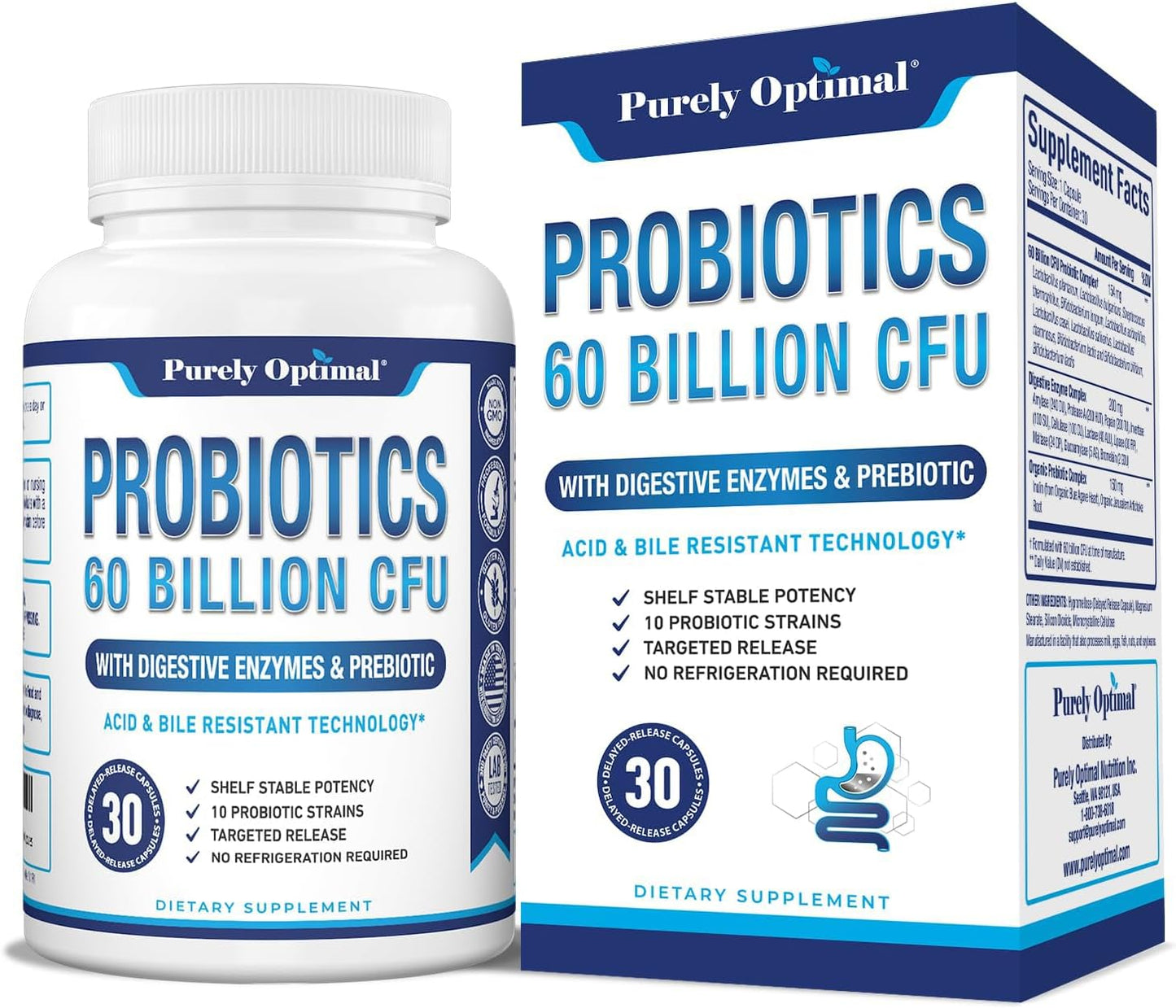 Purely Optimal Premium Probiotics 60 Billion CFU w/Organic Prebiotics & Digestive Enzymes