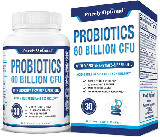 Purely Optimal Premium Probiotics 60 Billion CFU w/Organic Prebiotics & Digestive Enzymes