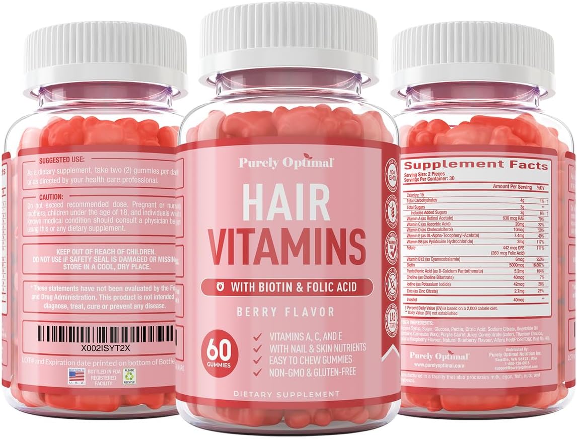 Premium Hair Vitamins Supplement  Vitamins w/Biotin, - 60 Gummy