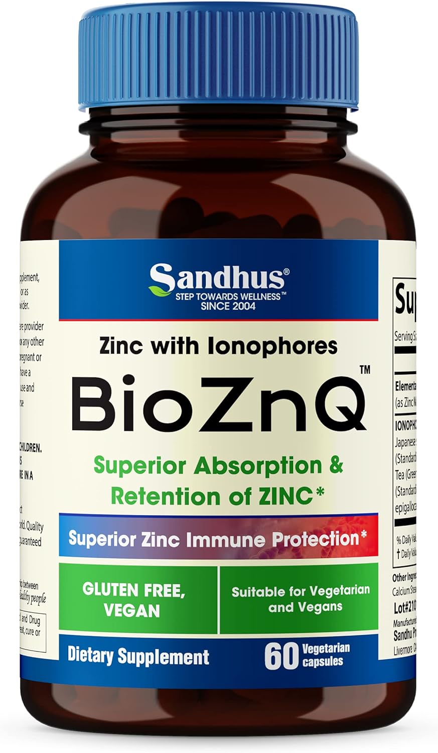 Sandhu's BioZnQ 900mg  Zinc Supplement 60 capsules