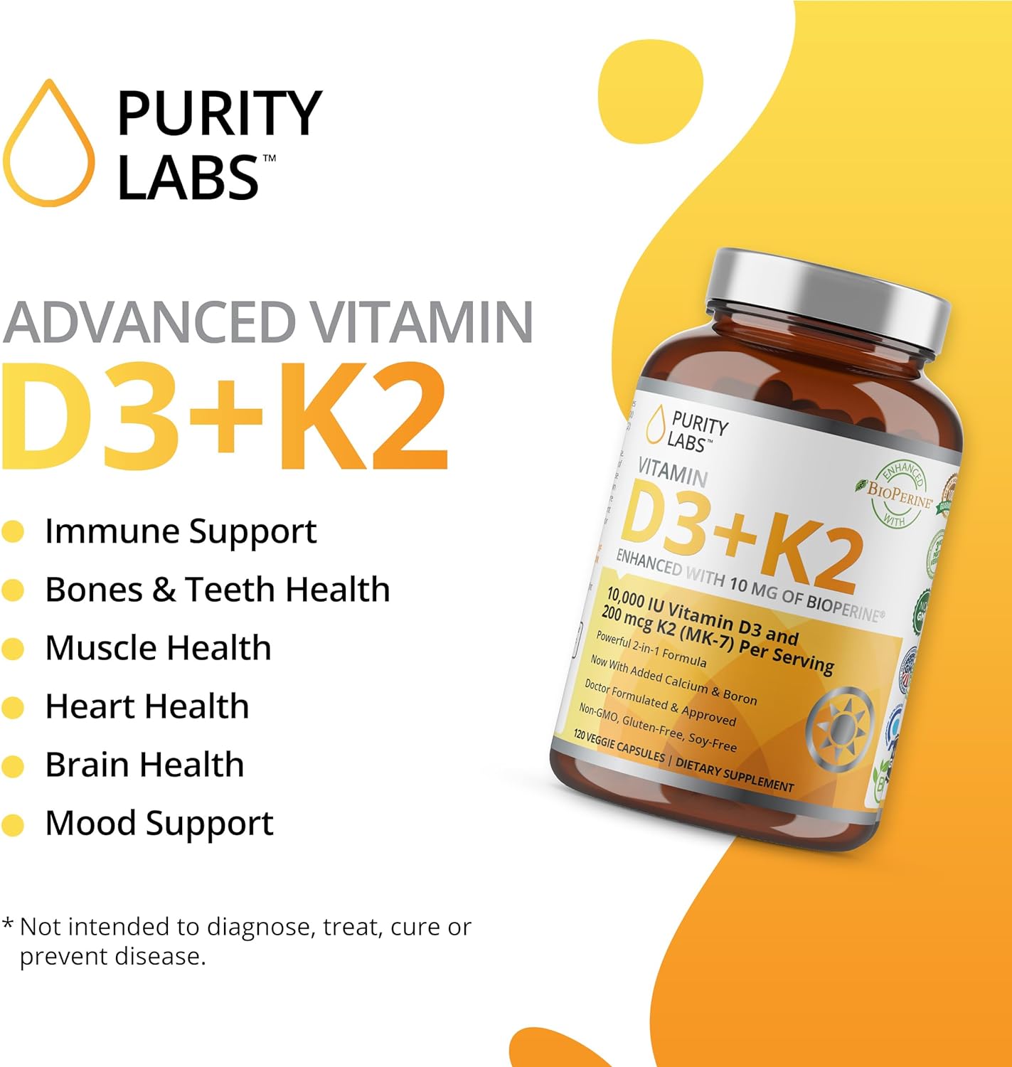 Purity Labs Vitamin D3 K2 10000 IU, (250mcg) D3 + 200mcg K2 MK7 - 120 Capsules