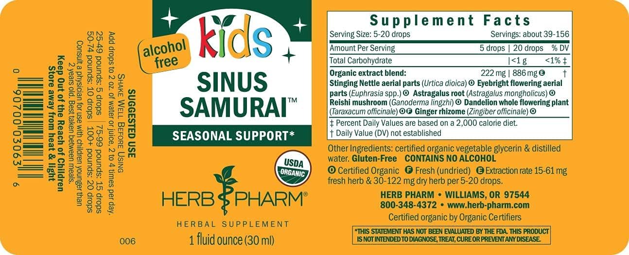 Herb Pharm Kids Certified- Alcohol-Free Sinus Samurai Liquid Herbal , Organic, 1 Fl Oz