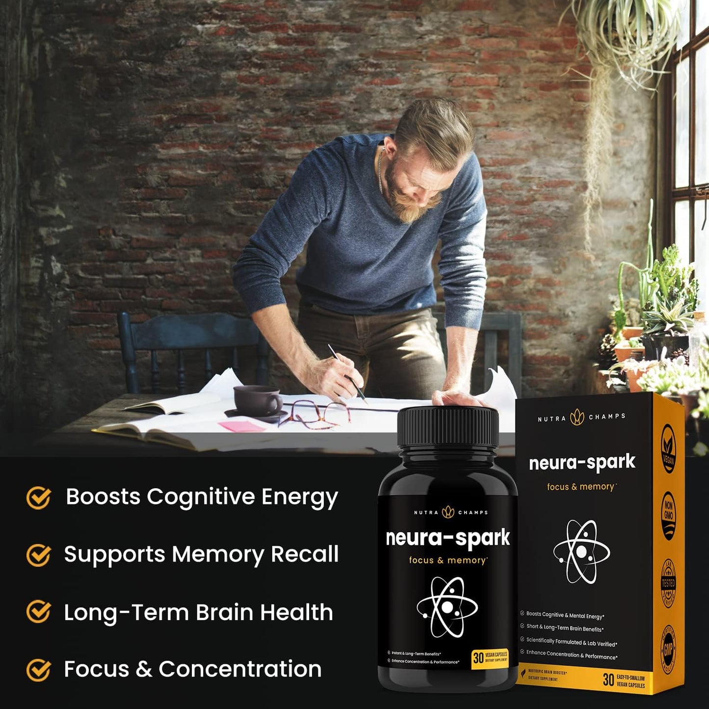 NeuraSpark Premium Brain Supplement for Focus, Memory & Mental Energy - 30 capsles