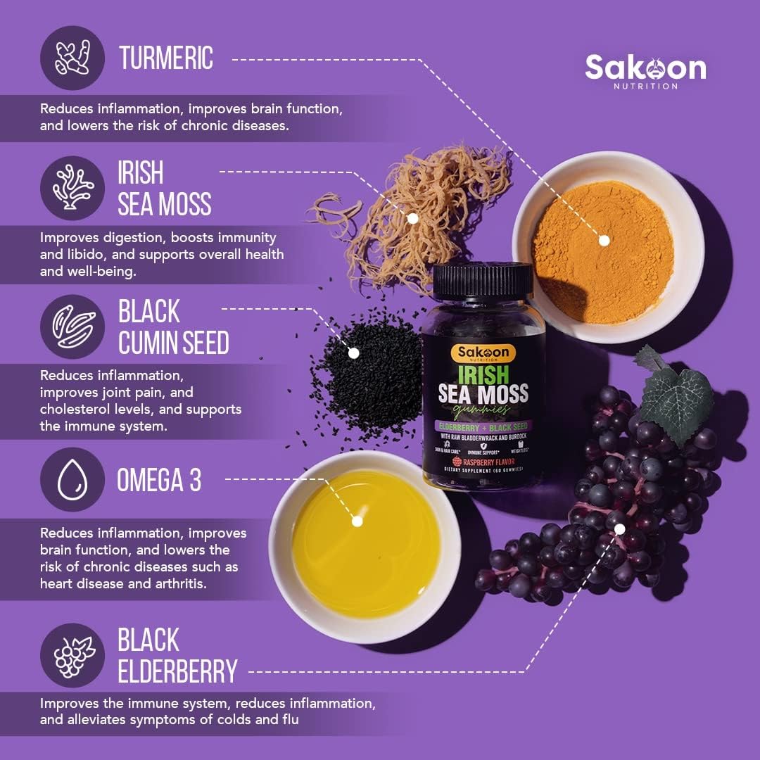 Sakoon nutrition Irish Sea Moss  Elderberry & Black Seed oil 60 Gummies