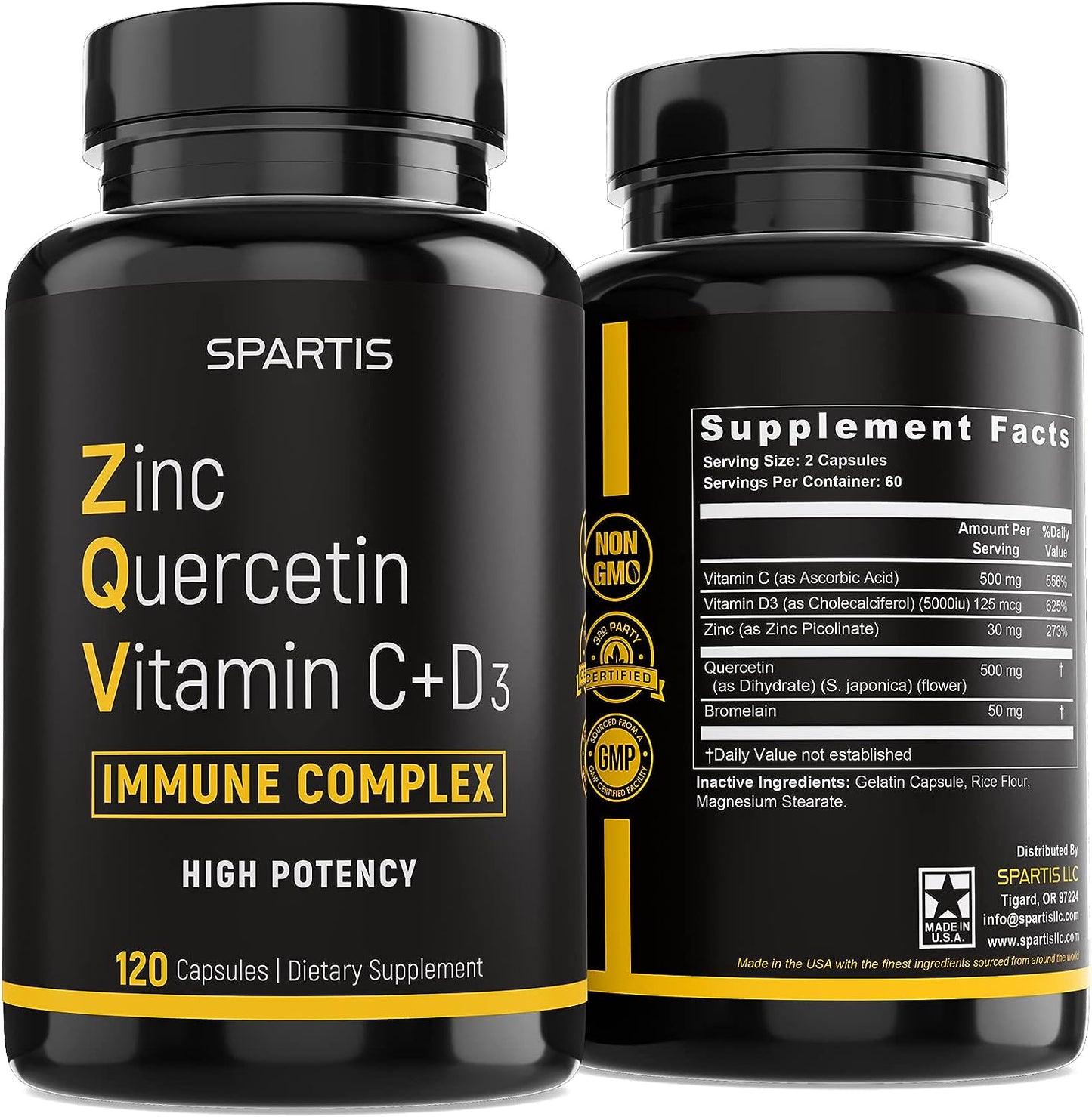 Zinc Quercetin 500mg with Vitamin C Vitamin D3 Bromelain Immune Support - 120 capsules