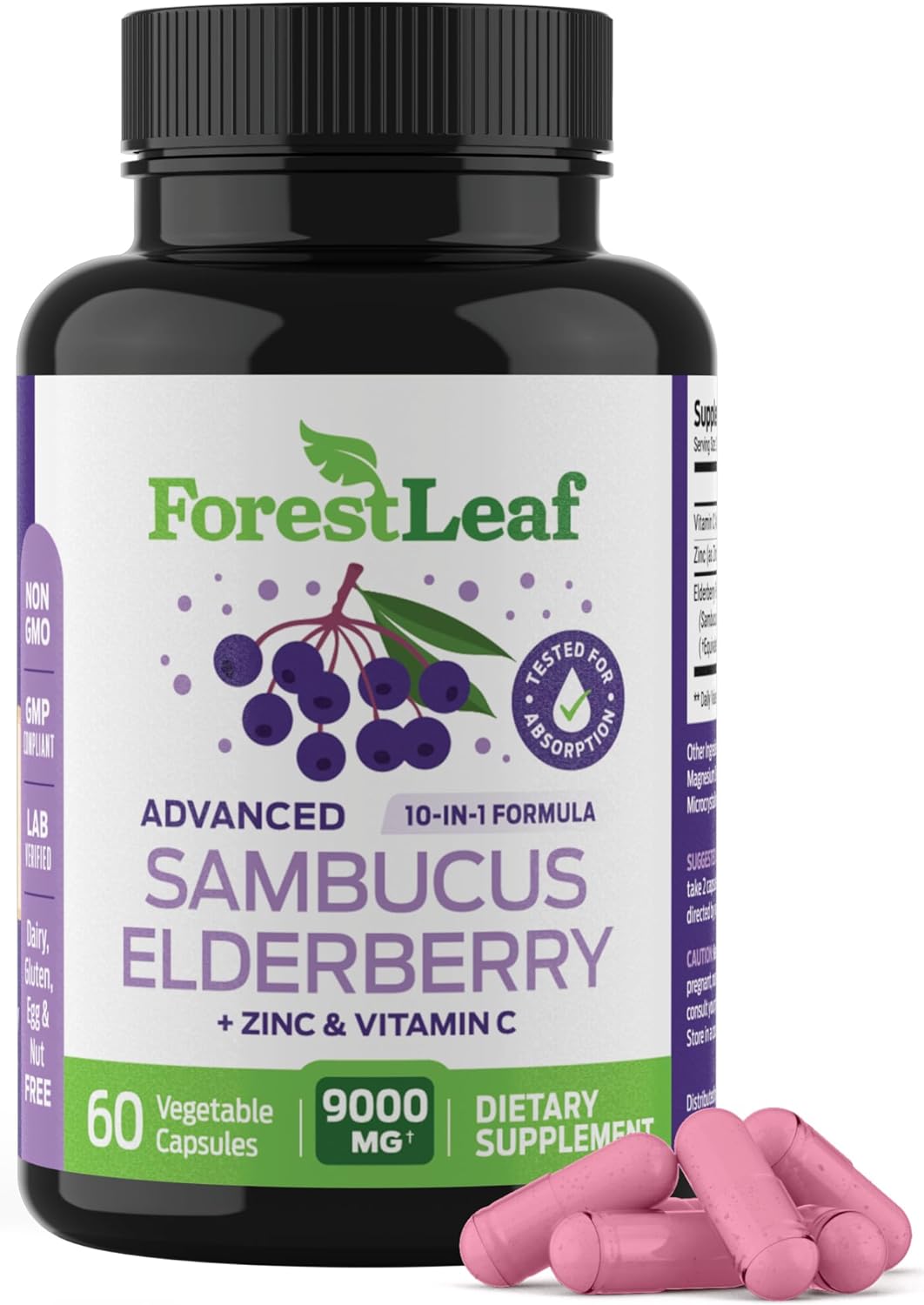 ForestLeaf Sambucus Elderberry with Vitamin C and Zinc - 60 Capsules