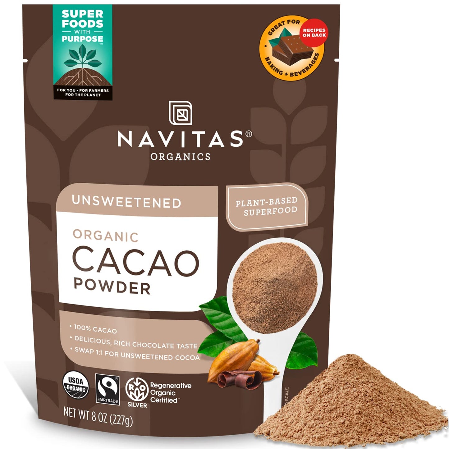 Navitas Organics Cacao Powder, Regenerative Organic Certified, Non-GMO, Fair Trade, Gluten-Free, 8oz. Bag, 15 Servings