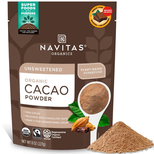 Navitas Organics Cacao Powder, Regenerative Organic Certified, Non-GMO, Fair Trade, Gluten-Free, 8oz. Bag, 15 Servings