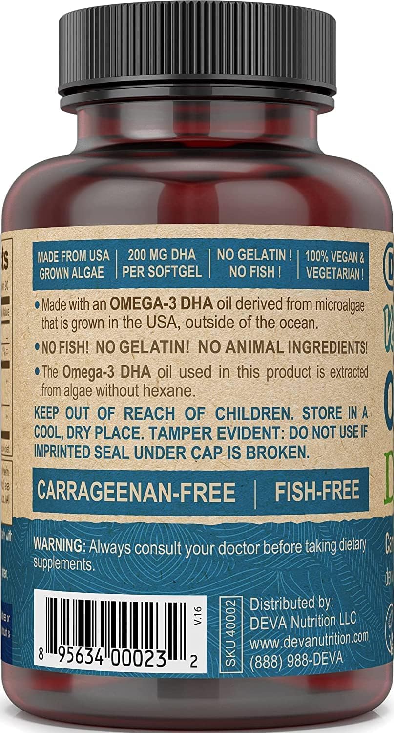 DEVA Vegan Omega-3 DHA Supplement - Once-Per-Day Softgelt 200 MG 90 count