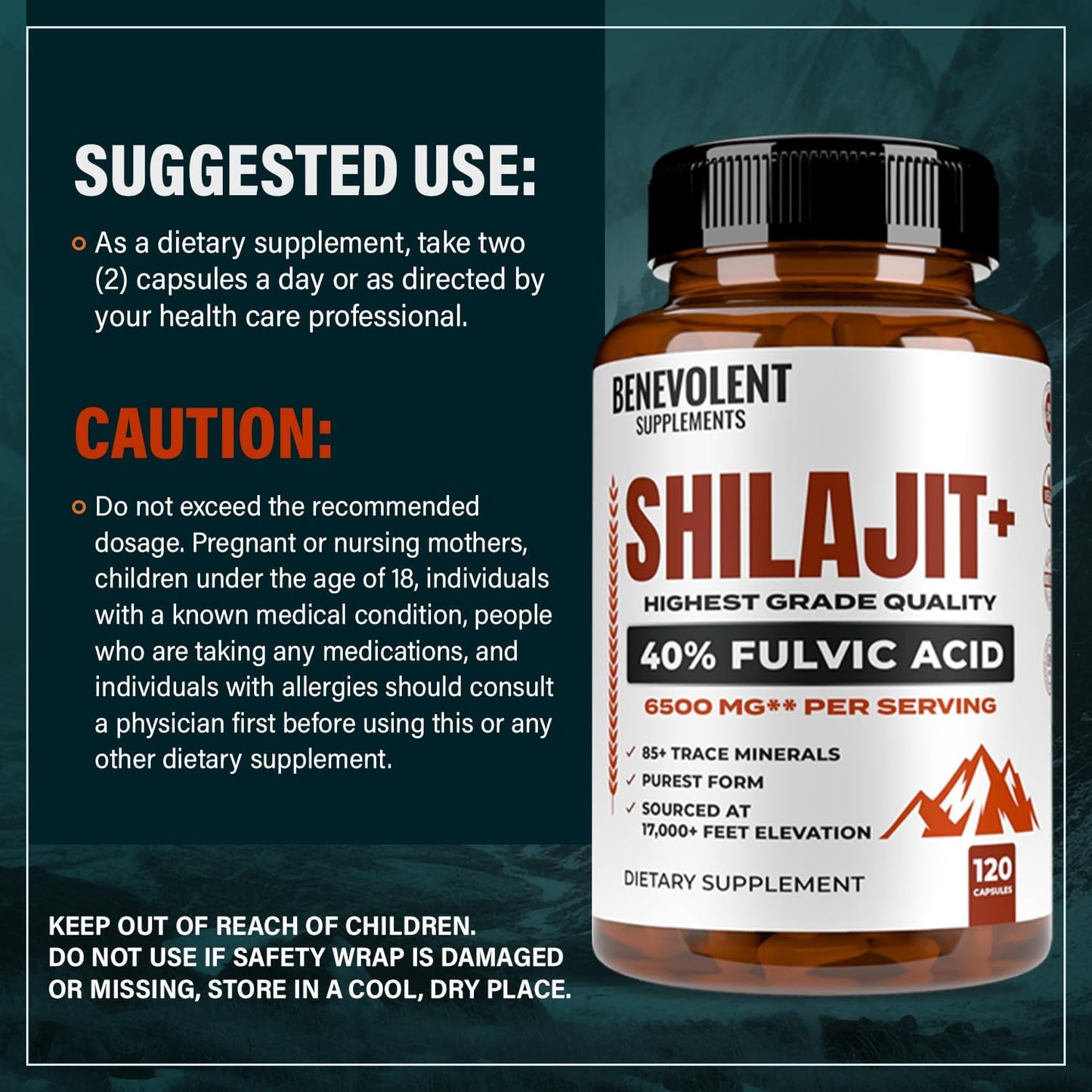 6,500mg Shilajit Supplement with 40% Fulvic Acid (High Absorption)- 120 Capsules