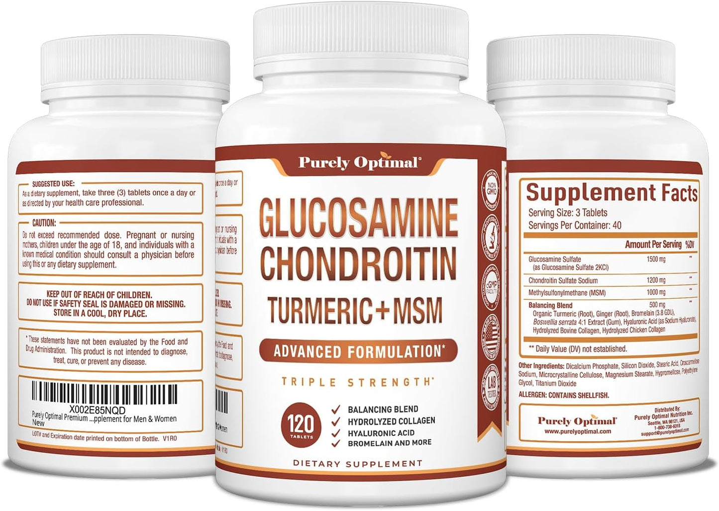 Purely Optimal Glucosamine Chondroitin MSM Supplement Tablets