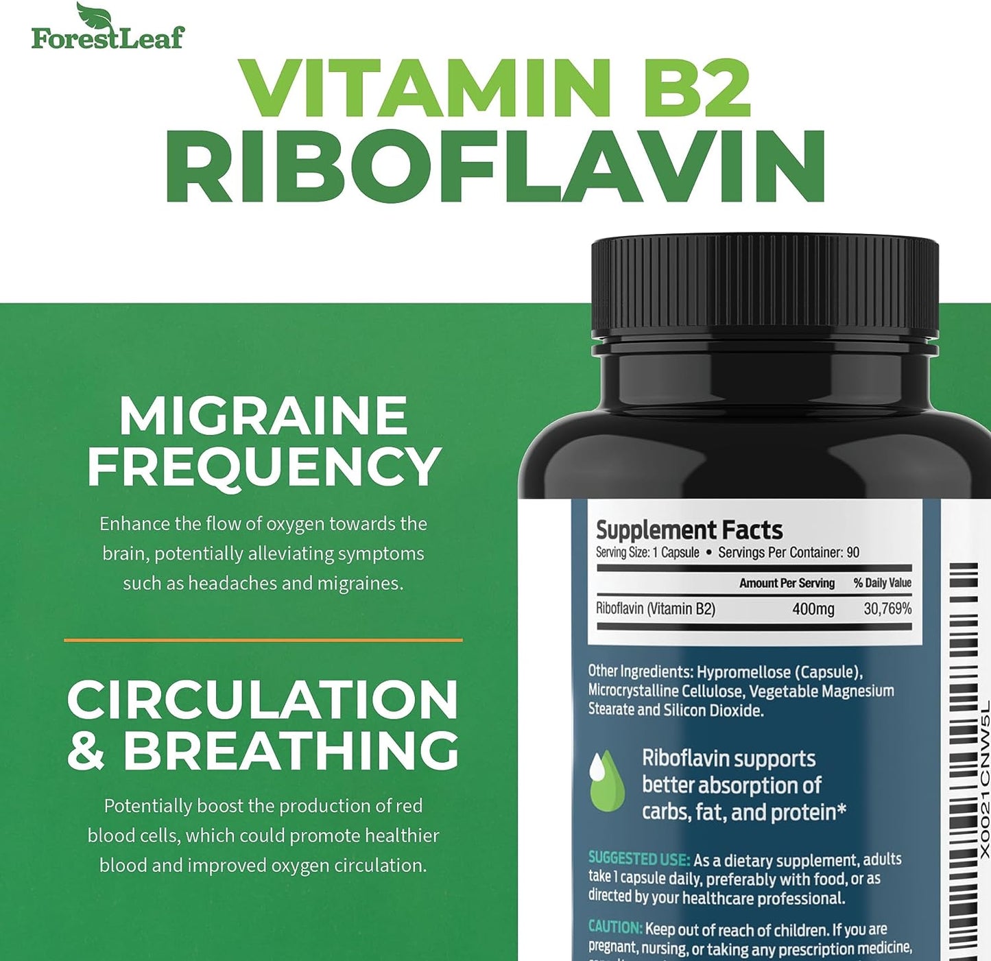 ForestLeaf Vitamin B2 Riboflavin 400mg - 90 Count