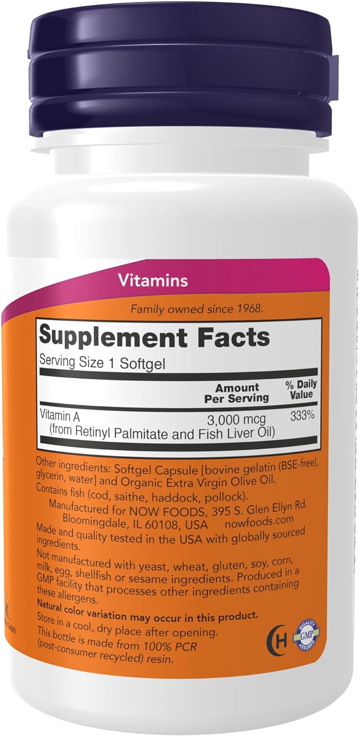 NOW Supplements, Vitamin A 10,000 IU, Eye Health, Essential Nutrition, 100 Softgels