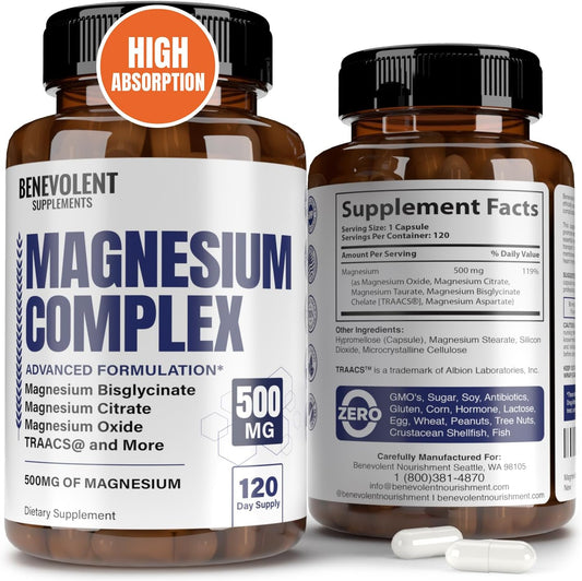 Magnesium Complex with 5 Best Forms - 4 Month Supply of 500mg Magnesium Glycinate -120 count