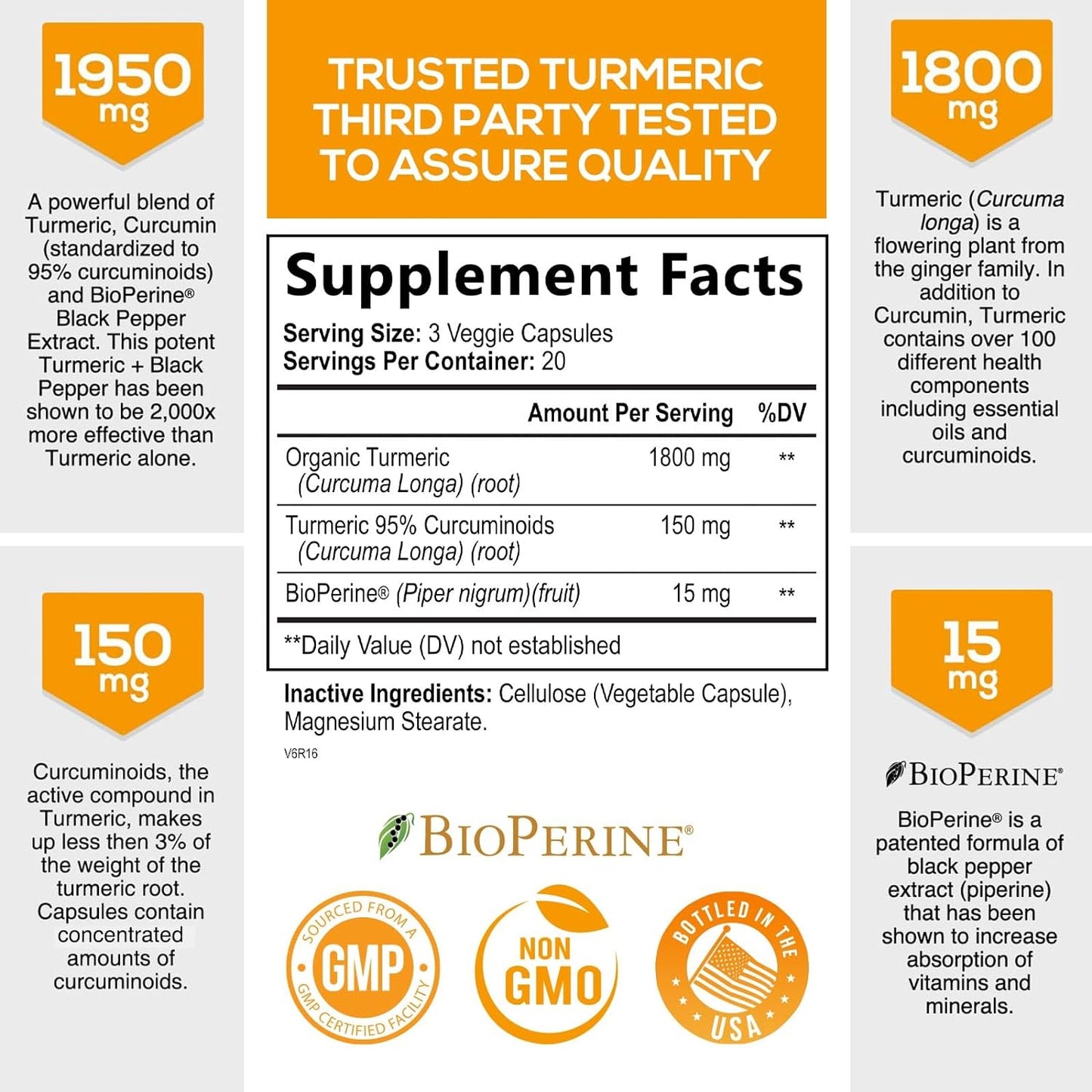 Turmeric Curcumin with BioPerine 95% Standardized Curcuminoids 1950mg - 60 capsules