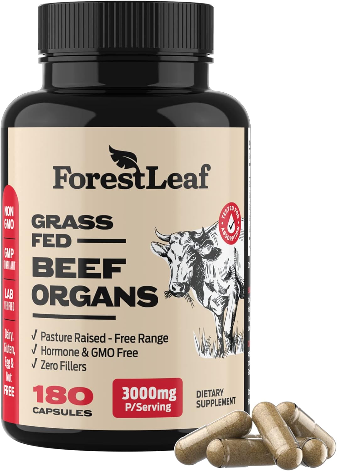 ForestLeaf Beef Organ Supplement - Grass Fed & Pasture Raised - 180 Capsules