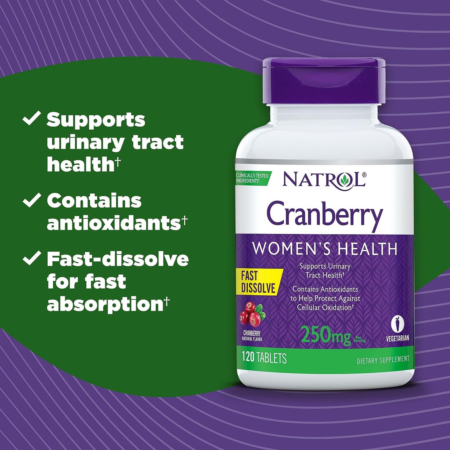 Natrol Cranberry Fast Dissolve Tablets, 250mg, Cranberry, 120 Count