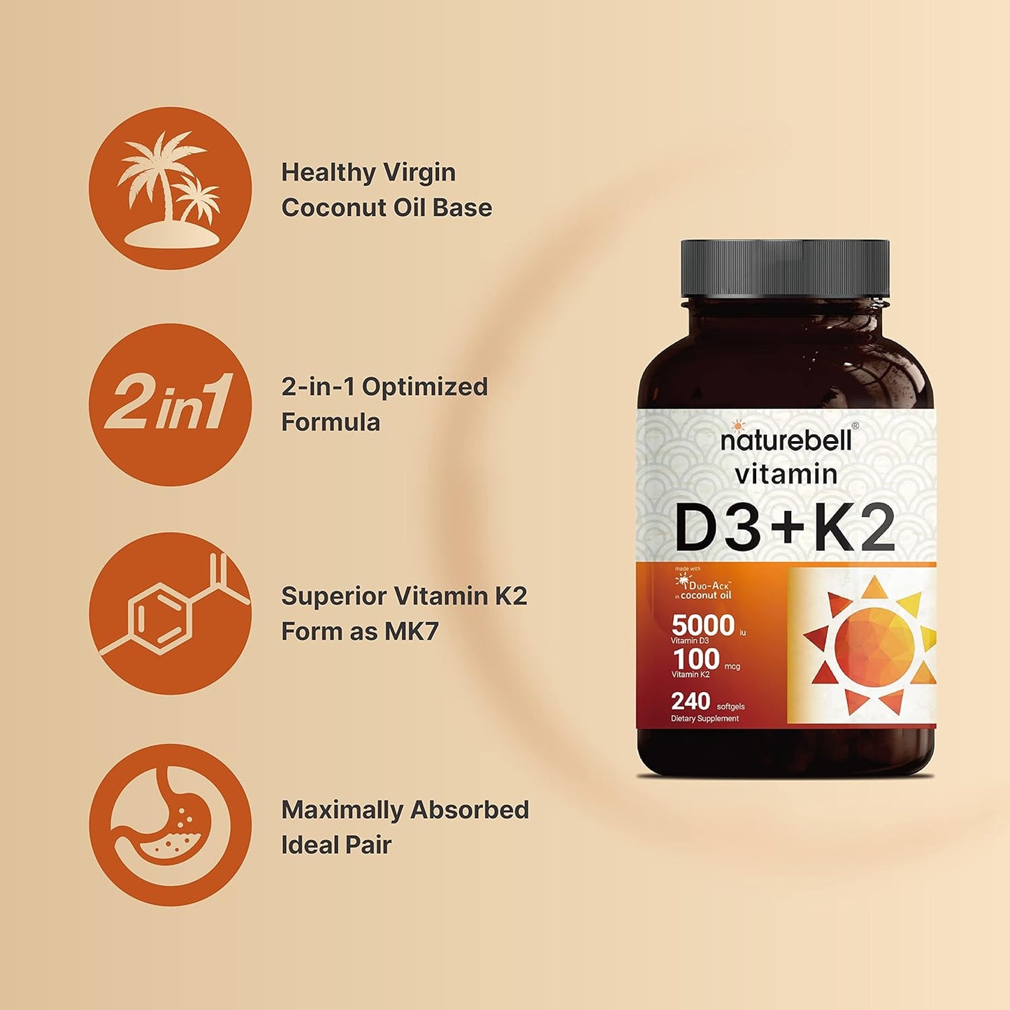 NatureBell Vitamin D3  K2  with Virgin Coconut Oil, 240 Softgels