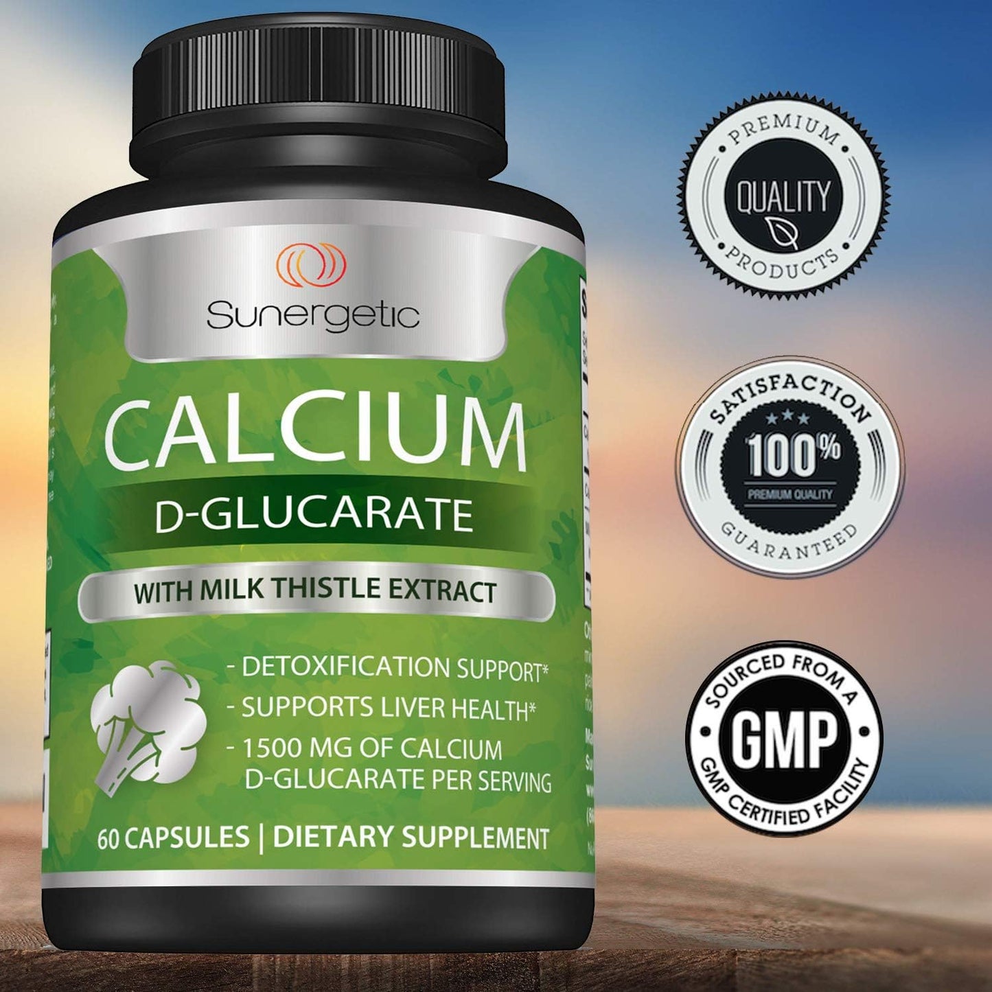 Sunergetic Premium Calcium D-Glucarate Supplement with Milk Thistle Extract  -60 Capsules