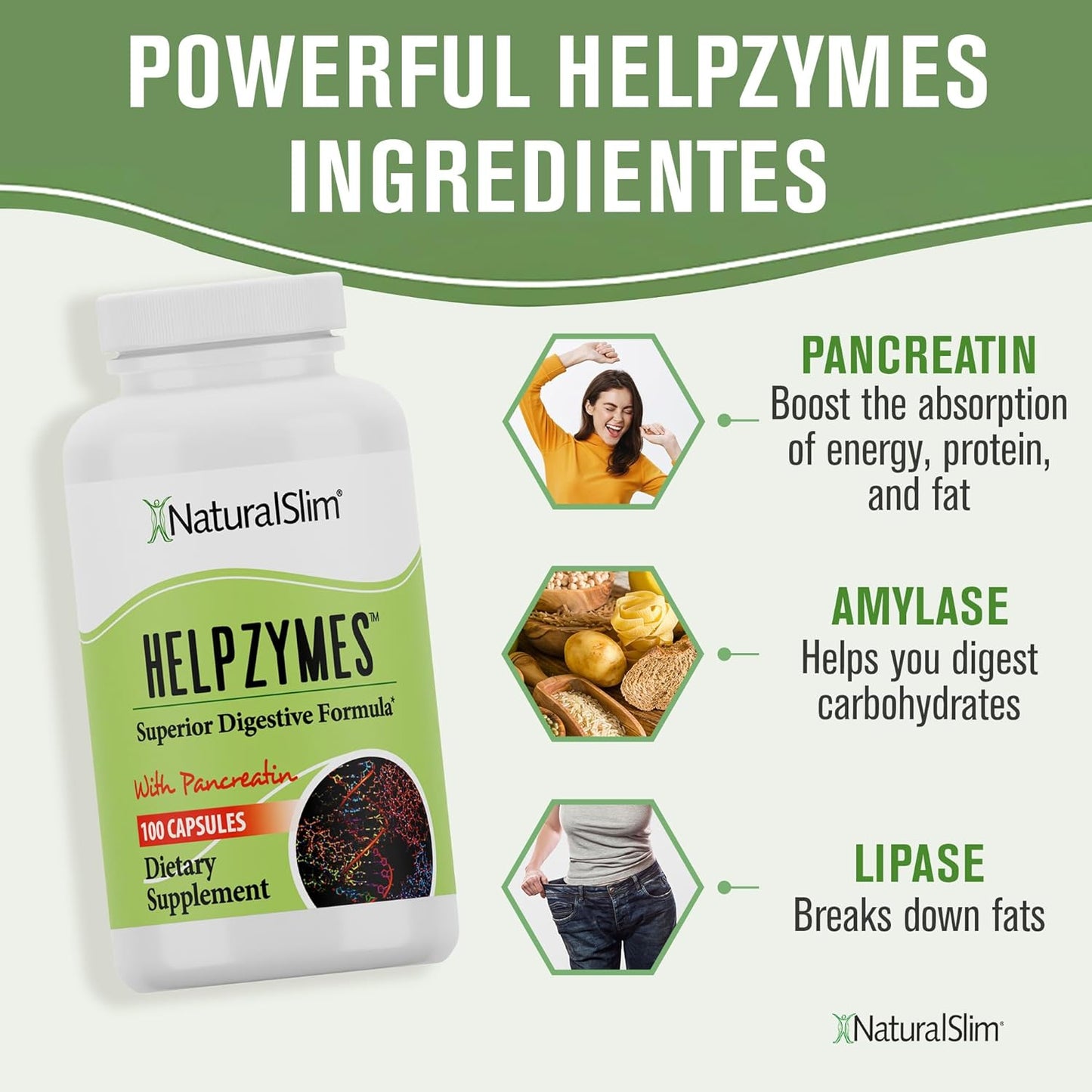 NaturalSlim Helpzymes Digestive Enzymes for Digestion 100 Caps