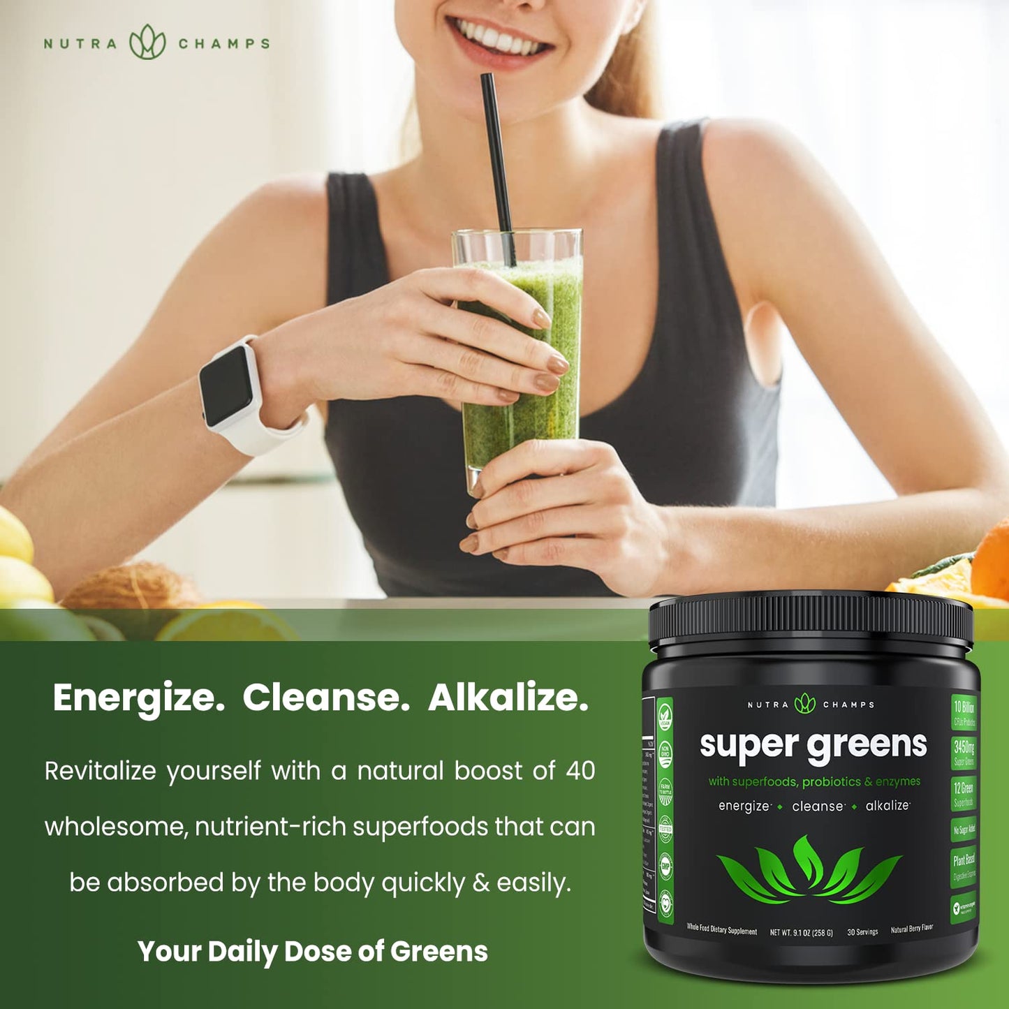 NutraChamps Super Greens Powder Premium Superfood | 20+ Organic Green Veggie