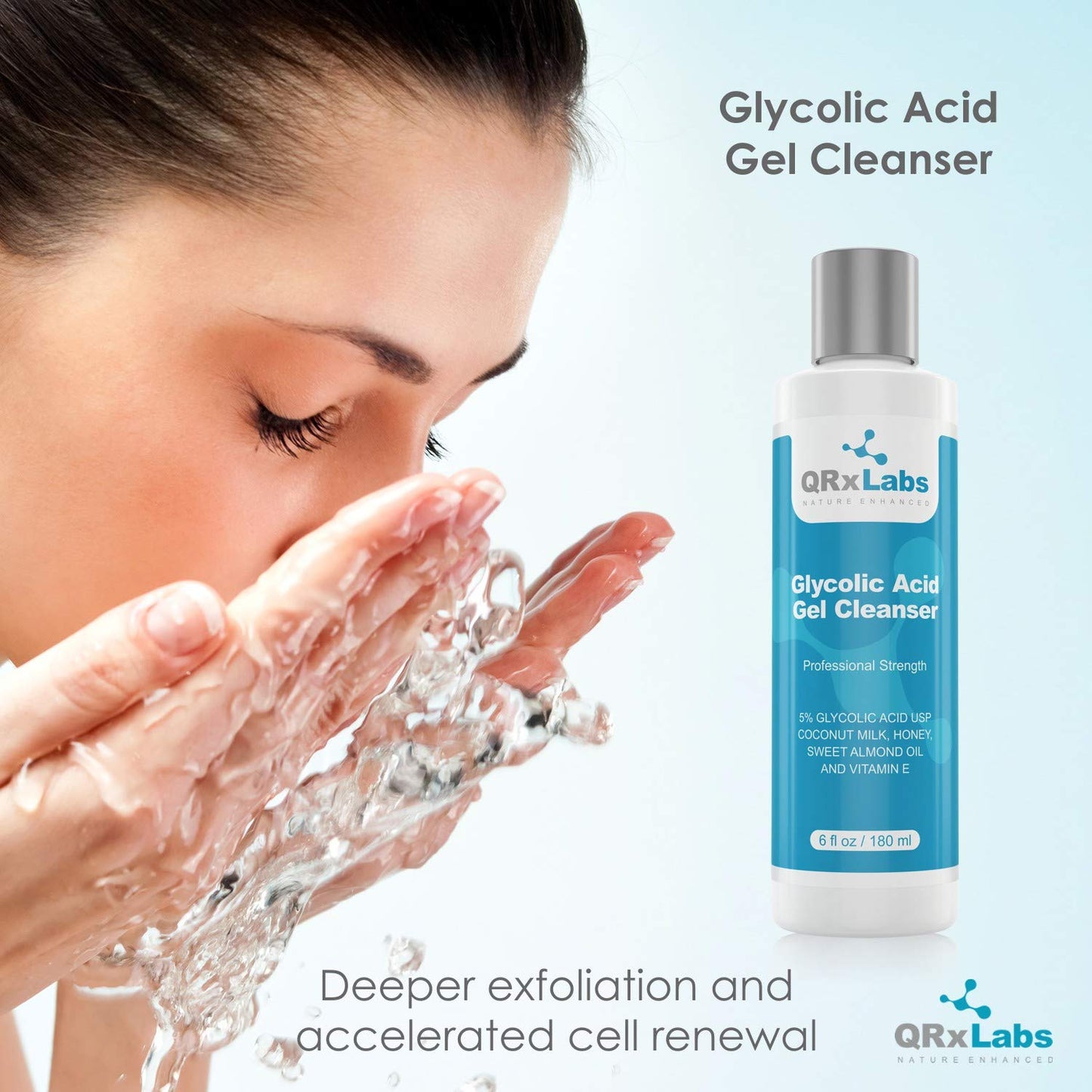 QRxLabs Glycolic Acid Face Wash -Exfoliating Gel Cleanser, Best for Wrinkles