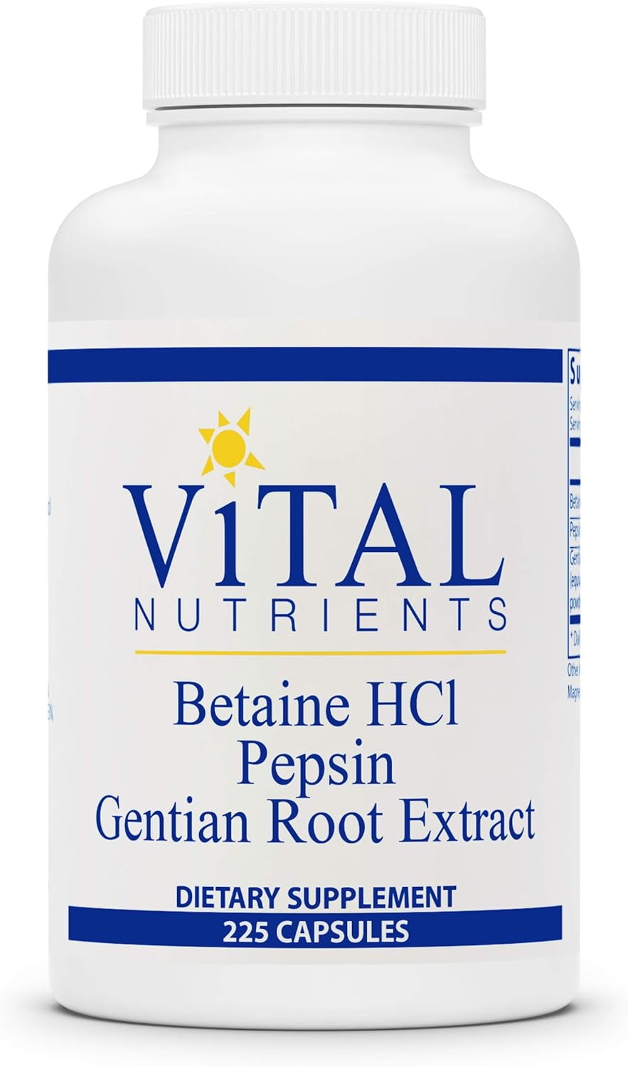 Vital Nutrients Betaine HCL Pepsin and Gentian Root Extract 225 Capsules