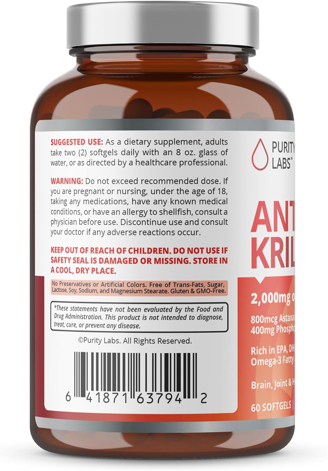 Purity Labs Antarctic Krill Oil 2000mg Omega-3 with Astaxanthin 800mcg- 60 Softgels