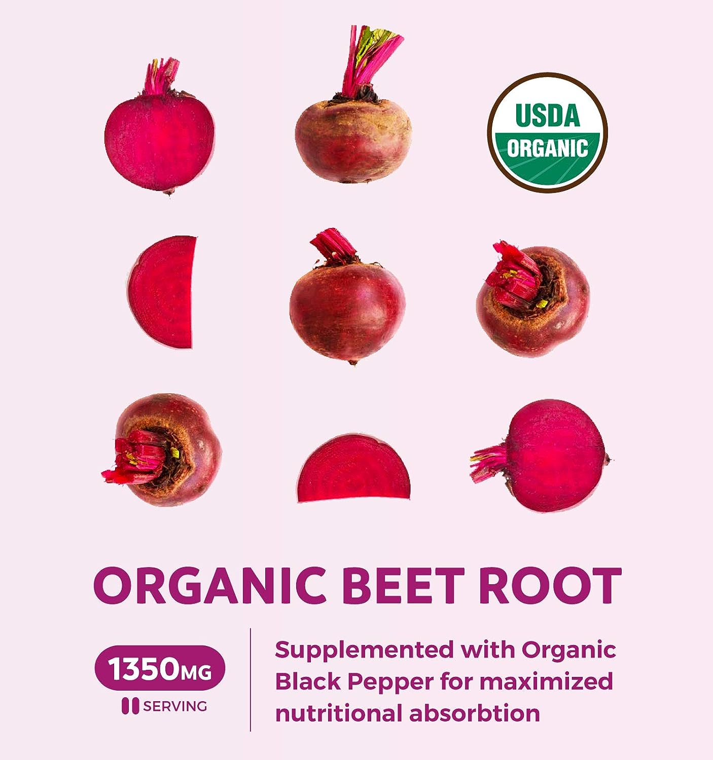 USDA Organic Beet Root Powder (120 Tablets) 1350mg Beets Per Serving with Black Pepper for Extra Absorption