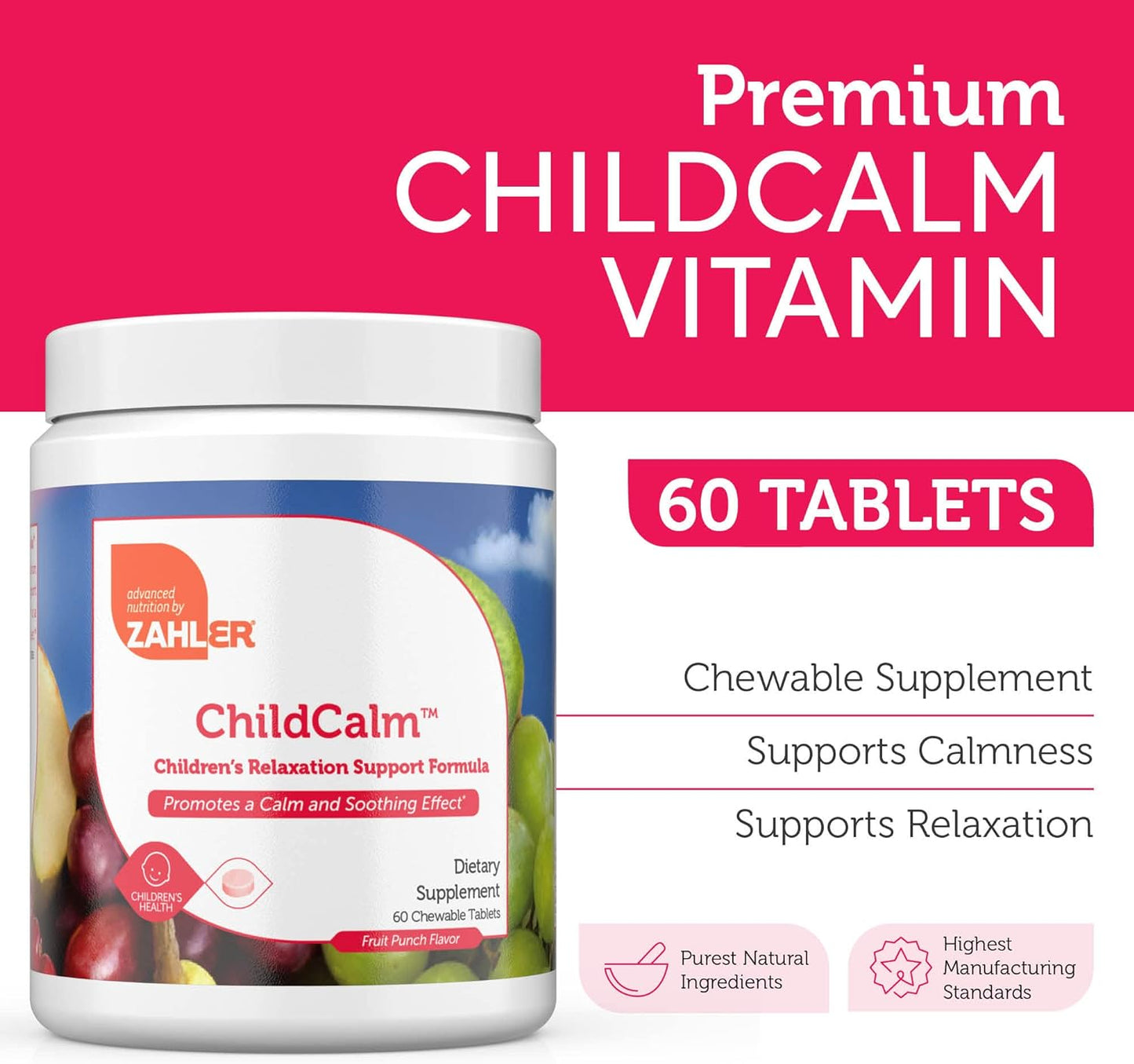 Zahler ChildCalm, Kosher Fruit Punch Chewable Magnesium for Kids  60 Tablets