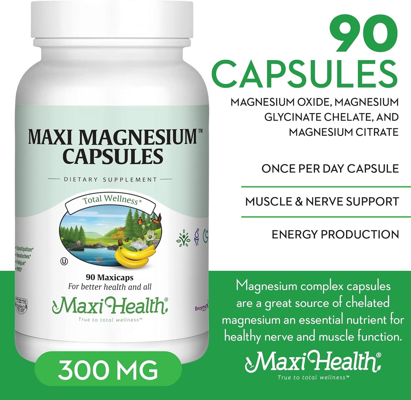 Maxi Kosher Health Energy Production Bone & Nerve Support Magnesium Capsules, 90 Count