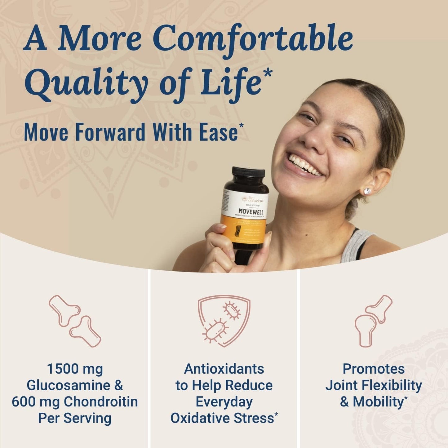 Live Conscious Glucosamine Chondroitin with MSM, Hyaluronic Acid, and More - MoveWell Joint Health Supplement-120 capsules