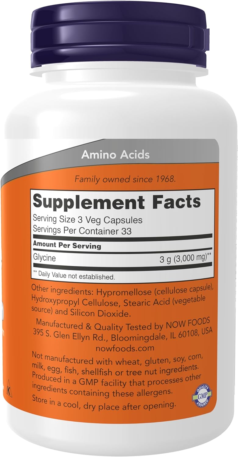 NOW Supplements, Glycine 1,000 mg Free-Form, Neurotransmitter Support, 100 Veg Capsules