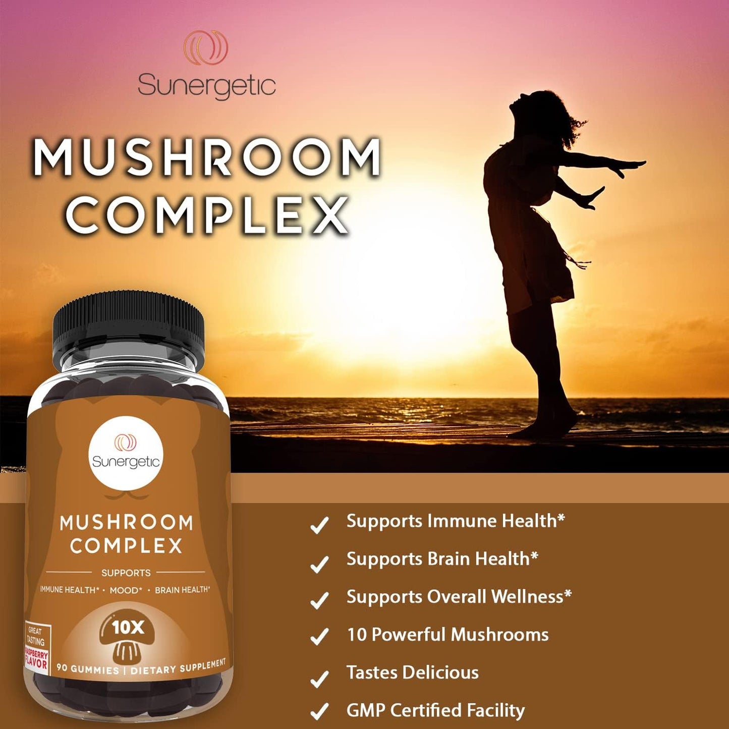 Sunergetic Premium Mushroom Gummies Supplement - 90 Gummies